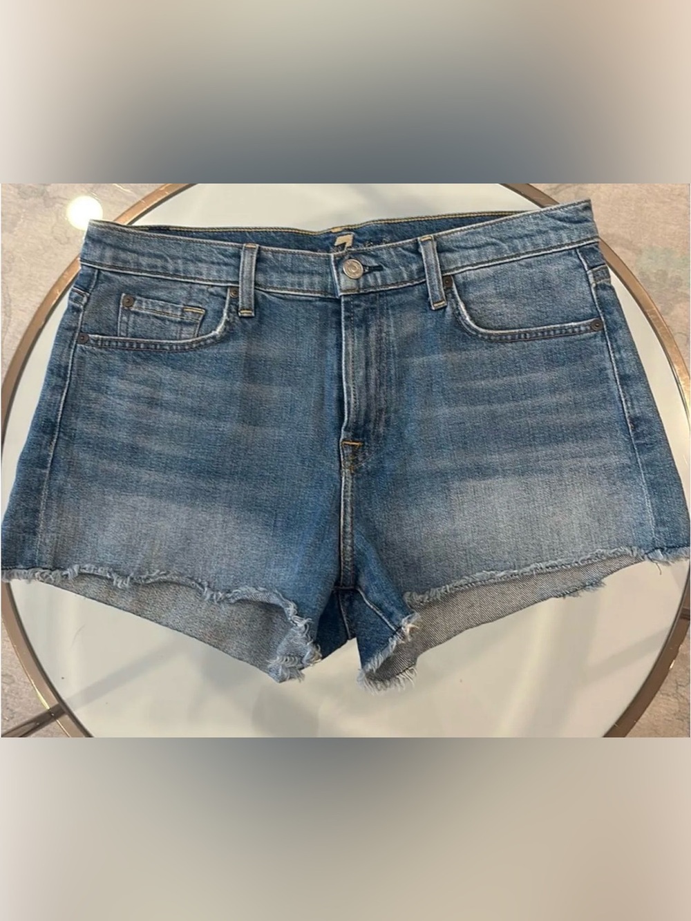 7 For All Mankind Blue Denim Frayed Hem Jean Shorts